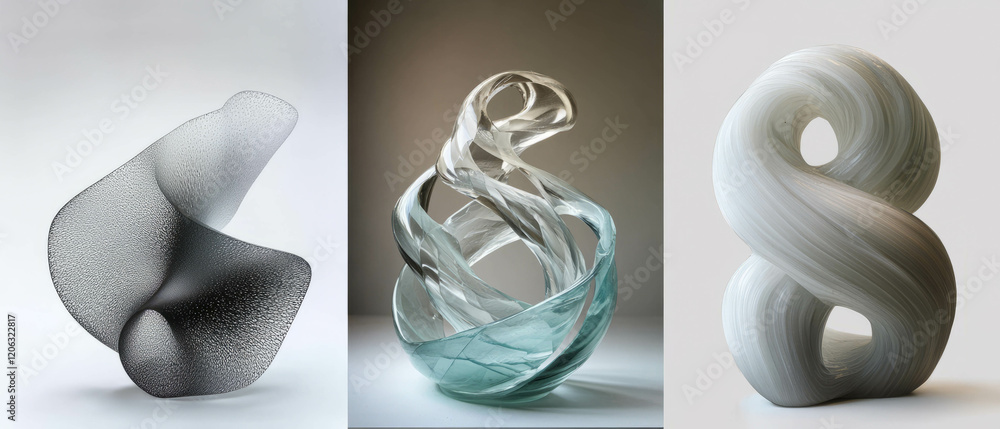 Poster exploring the elegance of frosted glass sculptures with smooth curves and abstract forms