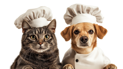 Funny Tabby Cat and Dog Wearing Chef Uniforms, Isolated on Transparent Background