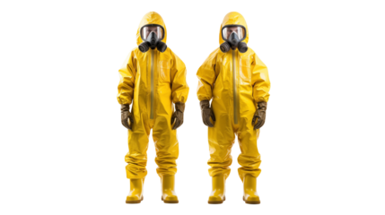 Two individuals in protective hazmat suits and respirators isolated on black background safety industrial pandemic protection health