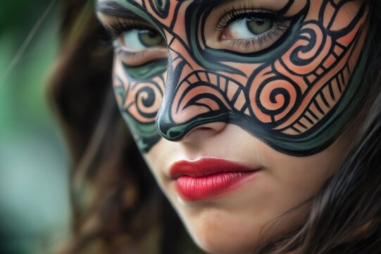 Close up of a woman with intricate Maori moko tattoo patterns painted on her face, showcasing traditional Polynesian art and culture