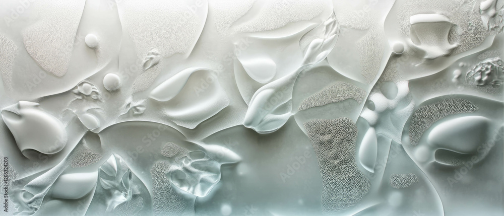 Poster frosted glass texture with embedded objects and diffused light creating an artistic effect