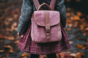 Rear view of schoolgirl wearing pink backpack and checkered skirt standing in autumn forest,...