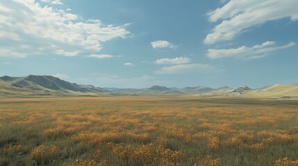 Obraz premium Expansive landscape with golden flowers under a blue sky.