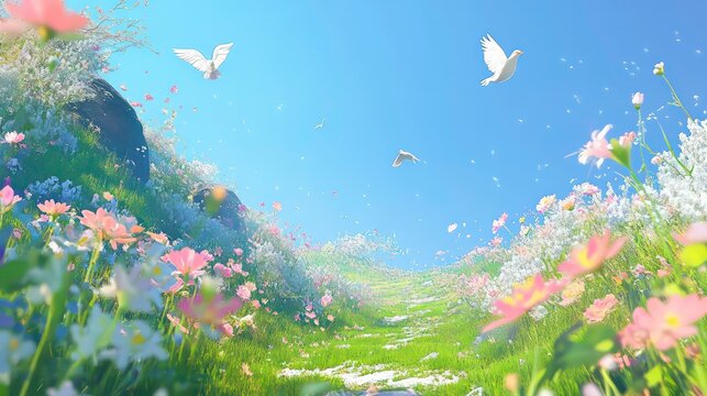 Serene landscape with path, wildflowers, and flying doves under a clear blue sky.