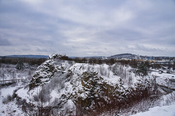 Former Kadzielnia quarry - an inanimate nature reserve, established in 1962 - The reserve is crossed by trails: urban and walking: green and blue. Winter 2025, Kielce, Poland