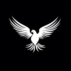 Obraz premium One White Dove freedom flying wings on black background. Concept of peace and religion