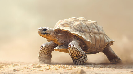 Obraz premium Desert giant against ivory: monumental sulcata tortoise standing tall amidst a spotless ivory desert, conveying power and grandeur. Ivory Desert. Illustration