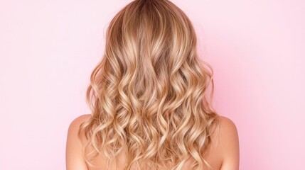 Woman's long blonde curly hair, back view, pink background, beauty