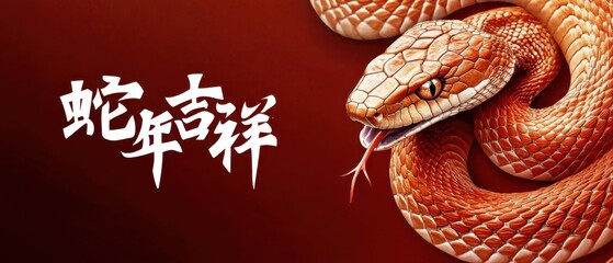 Obraz premium Year of the Snake illustration with Chinese calligraphy, a coiled orange snake on a red background, symbolizing good fortune and prosperity