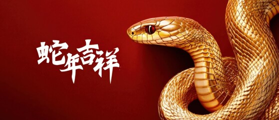 Fototapeta premium Golden snake with red eyes on red background with Chinese calligraphy for the year of the snake Concept of Chinese New Year and zodiac