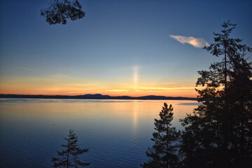 San Juan Islands dusk sunset treeline coast views fro Lopez Island summer 2024, archipelago Washington, United States