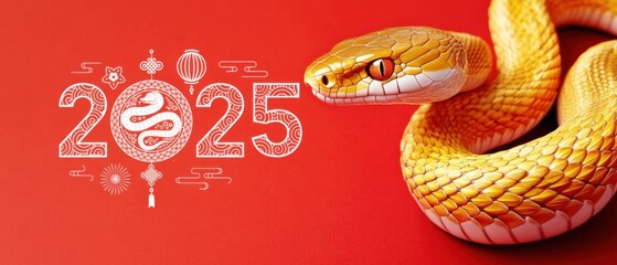 Fototapeta premium Golden snake with 2025 year of the snake design on red background Chinese new year concept with decorative elements