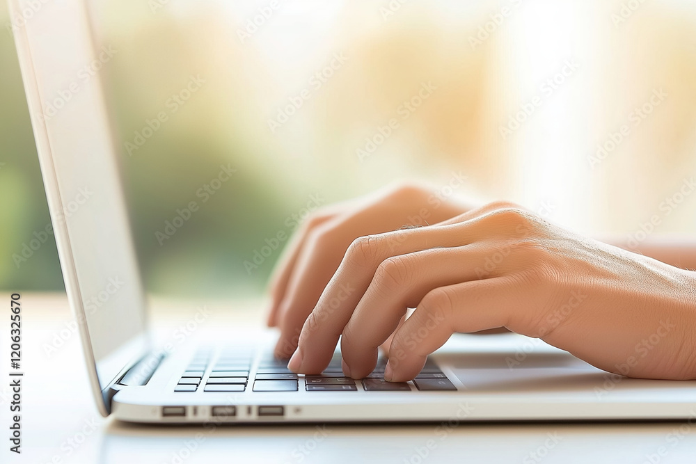 Poster hands typing on a laptop keyboard while working in a bright and cozy environment