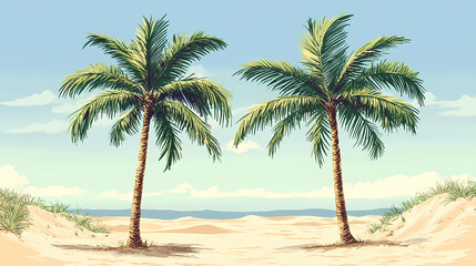 Obraz premium Two palm trees with dates on sandy beach background. Ivory Desert. Illustration