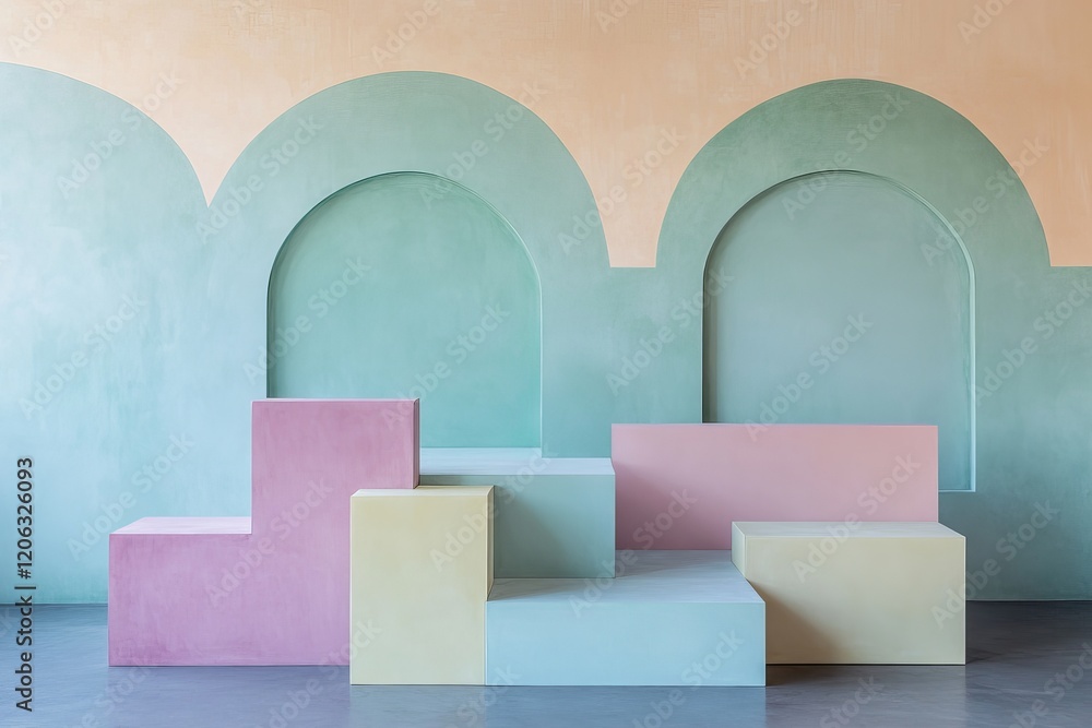 Poster pastel colored platforms minimalist product display background modern arch design studio backdrop el
