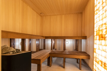 Sauna interior with a beautiful design. Stylish lighting. The benches are made of dark wood.