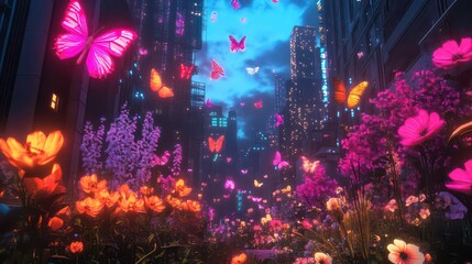 Vibrant neon butterflies and flowers bloom amidst futuristic city skyscrapers at twilight.