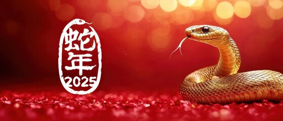 Fototapeta premium Golden snake with forked tongue and Chinese calligraphy for the year of the snake 2025 on red background Concept of Chinese New Year and zodiac