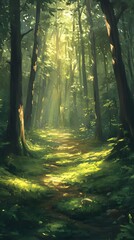 Obraz premium Sunlight through trees in a dense forest 