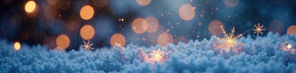 Fototapeta premium Twinkling fairy lights weave through delicate snowflakes, Winter Scene, Whimsical Touch, Snowflakes