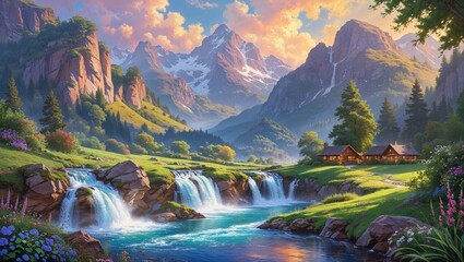Breathtaking Waterfall Landscape with House 