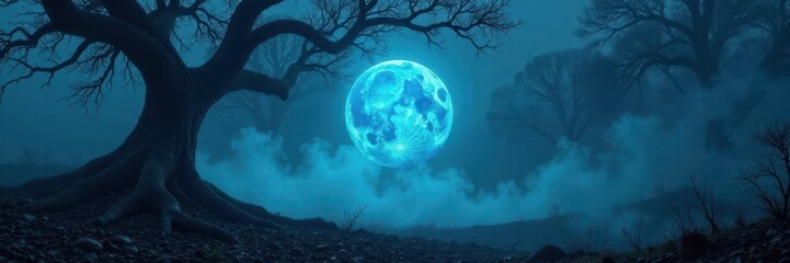 Twisted tree branches and roots surround a glowing blue orb in the mist, surrounding, eerie
