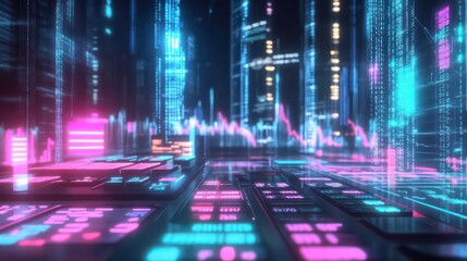 Futuristic cityscape with neon lights and data streams.