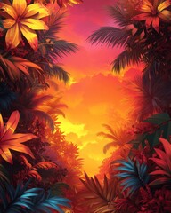Captivating Tropical Sunset Over Lush Jungle Landscape with Vibrant Red and Orange Foliage and Palm Trees in Exotic Paradise at Dusk Scenic Nature View