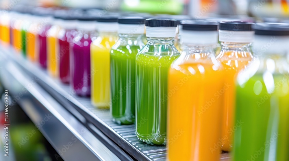 Poster colorful assortment of bottled juices displayed on a shelf in a vibrant store setting