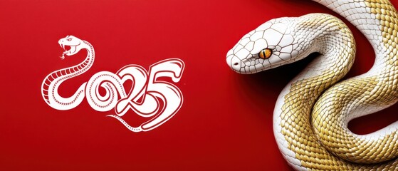 Obraz premium Year of the Snake 2025, white and gold snake on red background, Chinese New Year celebration