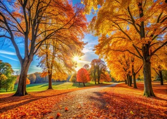 Panoramic Autumn Park: Golden Leaves & Scenic Vista