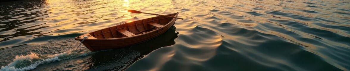 Obraz premium Water surface with a small rowboat on wavy brown background, rowboat in waves, peaceful boat ride