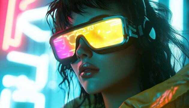 Futuristic Woman Wearing Virtual Reality Goggles And Illuminated Metaverse Sign: Surreal Illustration Of Video Games, Nfts, Vr, And Crypto Technology. - Powered by Adobe