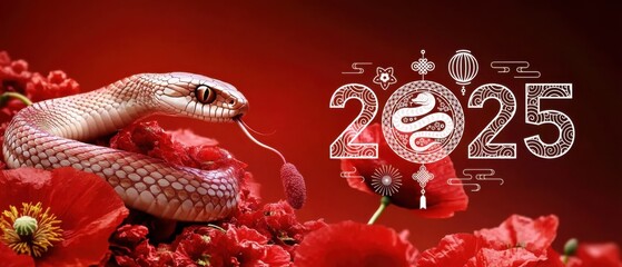 Obraz premium Year of the Snake 2025 Chinese New Year Celebration with Snake and Red Poppies Festive Lunar New Year design with traditional elements