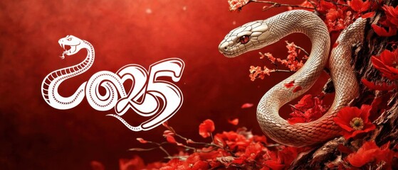 Obraz premium Year of the Snake 2025 with white snake and red flowers on red background, Chinese New Year celebration