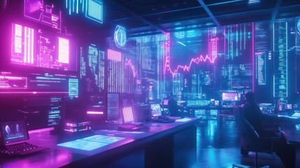 Futuristic neon-lit control room with numerous computer screens displaying data streams and graphs.