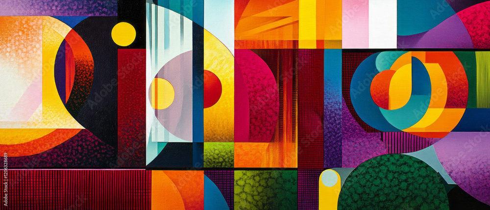 Poster geometric grids with vibrant colors and overlapping shapes create dynamic visual texture