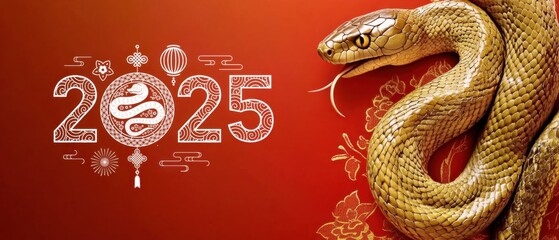 Obraz premium Year of the Snake 2025 Chinese New Year Illustration with Golden Snake and Red Background