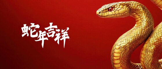 Obraz premium Golden snake with red eyes on red background with Chinese calligraphy for the year of the snake Concept of Chinese New Year, zodiac and good luck