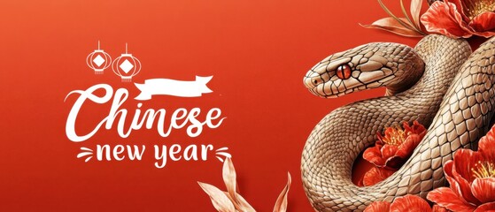 Fototapeta premium Chinese New Year of the Snake illustration with red background, lanterns, and flowers Festive design for lunar new year celebration
