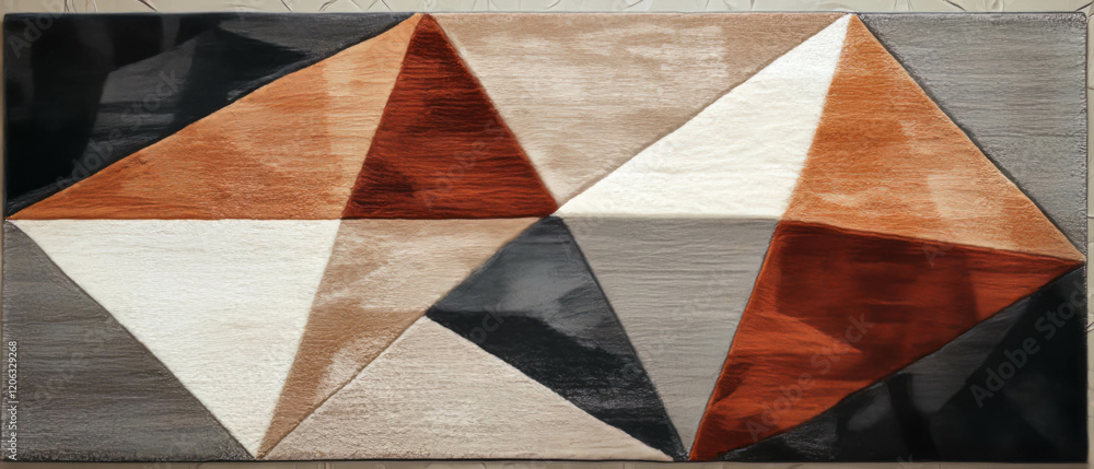 Poster vibrant geometric patterned rug featuring varied colors and textures in precise shapes