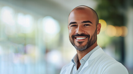 Obraz premium A confident man with a warm smile and a bald head, dressed in a crisp white shirt, radiates professionalism and approachability.