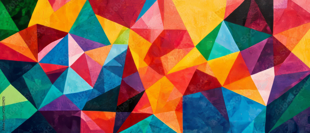 Poster vibrant geometric tessellations with bright colors and repeating shapes create dynamic patterns