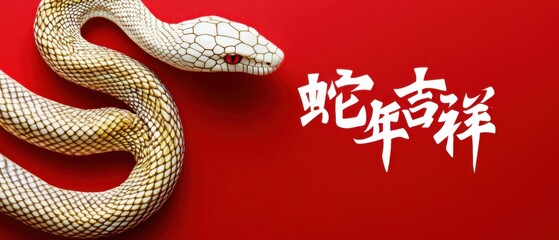Obraz premium Year of the Snake illustration with white snake and Chinese calligraphy on red background Concept of Chinese New Year and zodiac