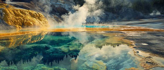 Vibrant geothermal pools with steaming water and rich textures in a natural landscape
