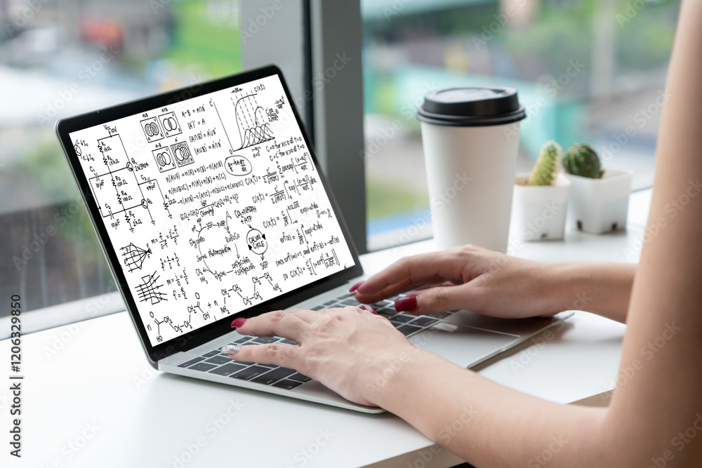 Poster mathematic equations and modish formula on computer screen showing concept of science and education