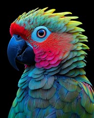 Obraz premium portrait of a parrot with vibrant feathers in shades of green, blue, and red, displayed against a black background that further emphasizes its beauty
