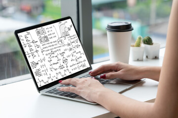 Mathematic equations and modish formula on computer screen showing concept of science and education