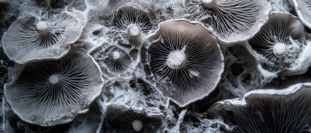 Poster intricate gilled mushroom undersides showcasing delicate textures and patterns in nature