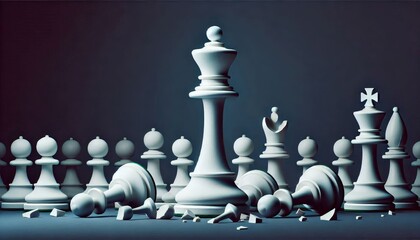 White chess king standing victorious over fallen opponent on a dark background